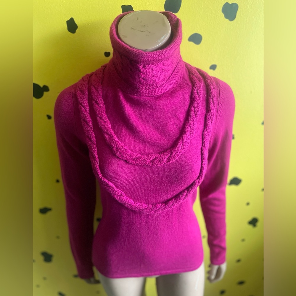Hot Pink Cable Knit Turtleneck Sweater Handmade One of a Kind Statement